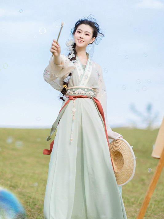 Song style straight-collar shirt with straps, Hanfu dress.