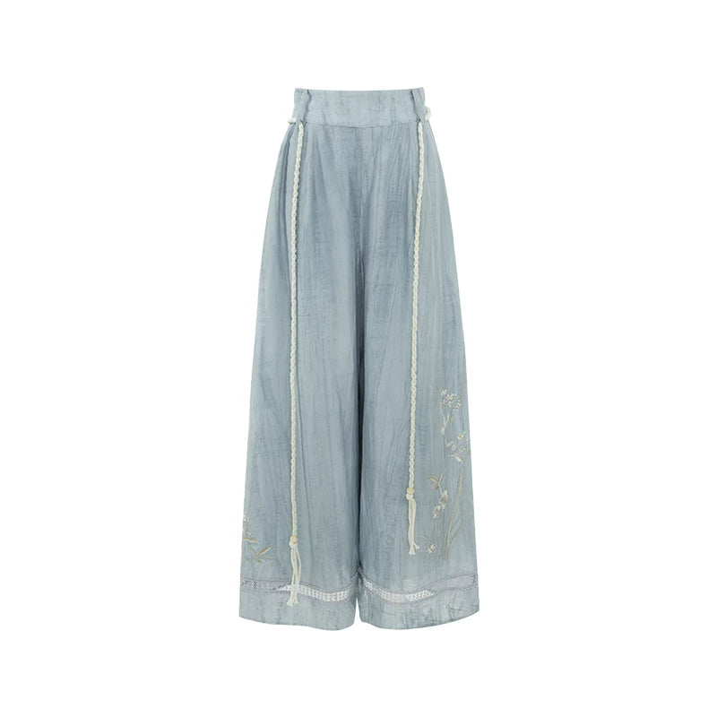 Qingzhi Tencel Hanfu Set with Embroidered Cardigan and Wide-Leg Pants modern Shisanyu Wide-Leg Pants with Sash XS