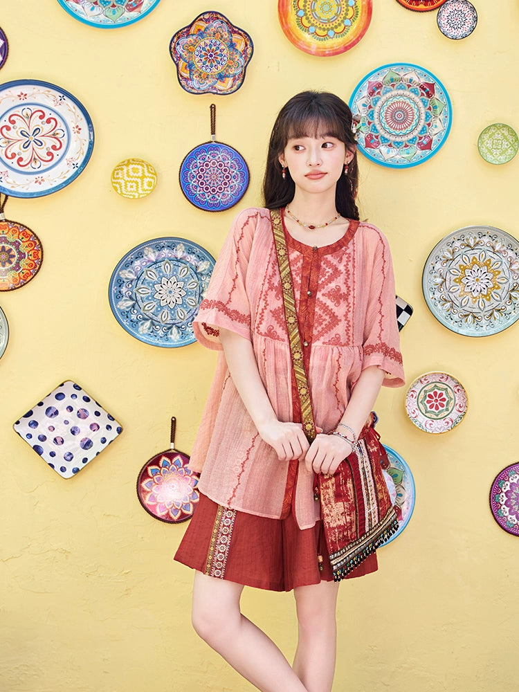 More than thirteen [red willow] summer Tencel shirt shorts national style set modern HanFuDreams