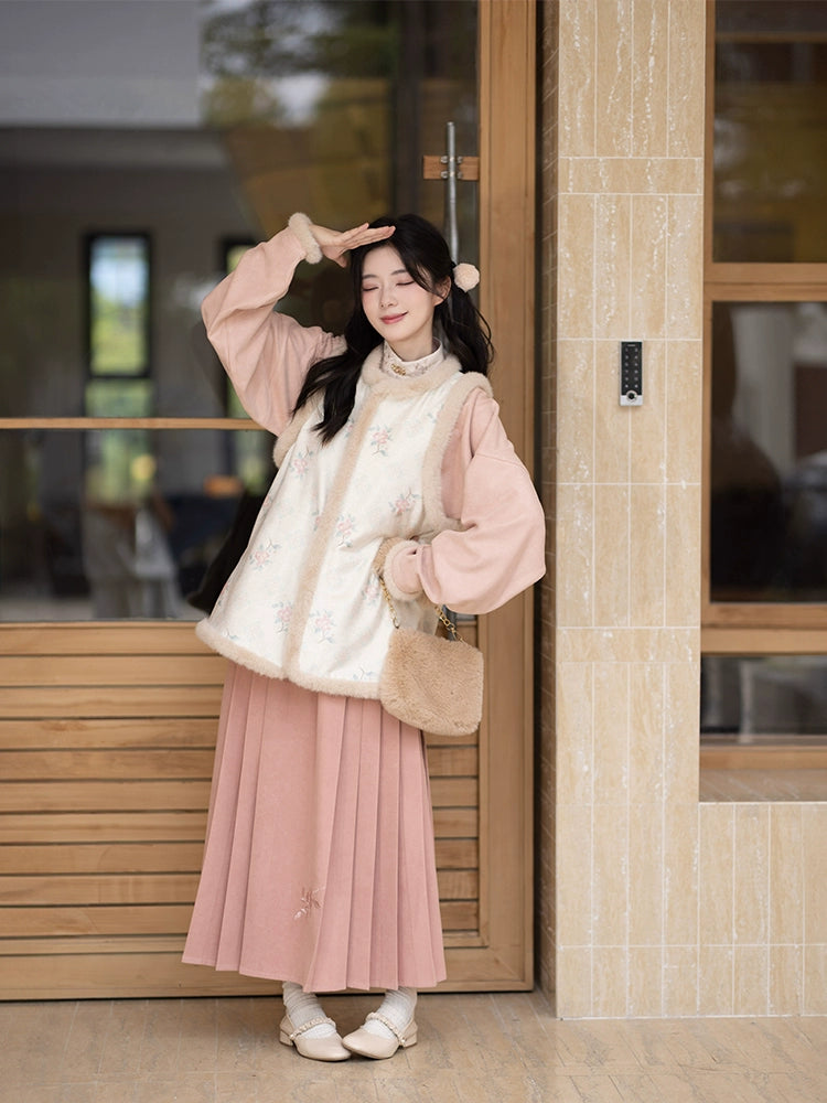 Chi Xia [Camellia Peach] Fleece Bijia Short Shirt Horse Face Skirt Ming ming HanFuDreams