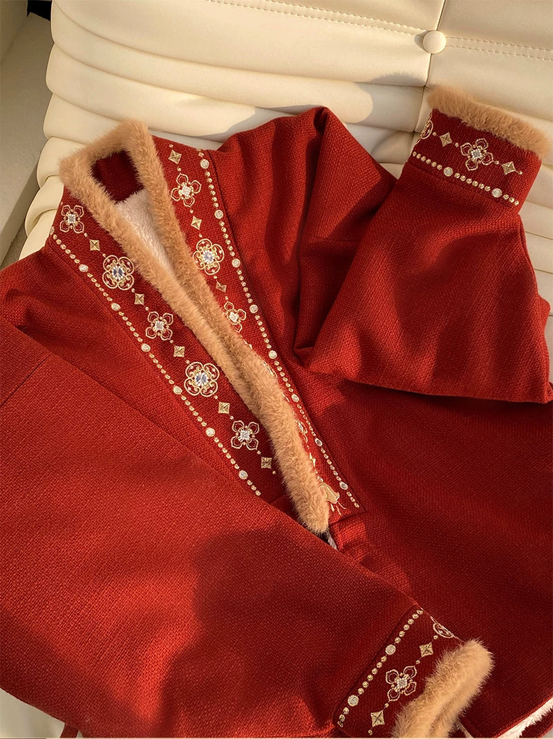 Flower Fairy Story [Changle] Cross-neck embroidered fleece bow bag sleeve jacket han HanFuDreams