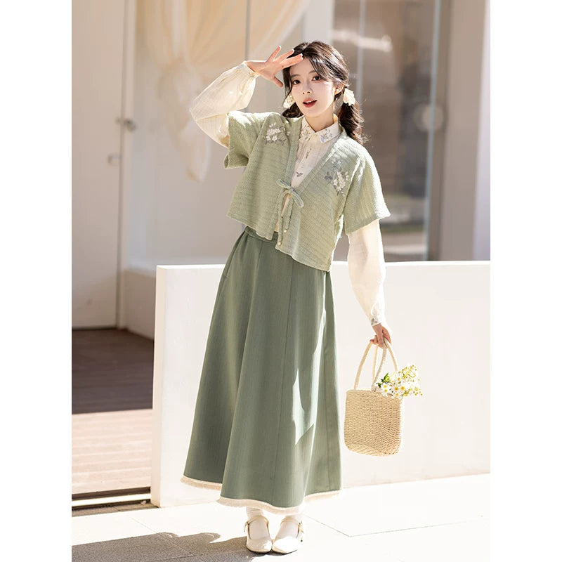 Chi Xia [Mint Flower Sea] Han Element Short Shirt Broken Skirt han HanFuDreams Mint flower sea three-piece set S