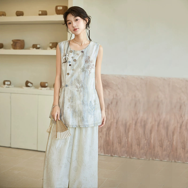 More than thirteen [Yue Ai] Xin Chinese style embossed thin wide-leg pants bloomers modern HanFuDreams Moon mist, wide-leg pants + stream chasing, vest S