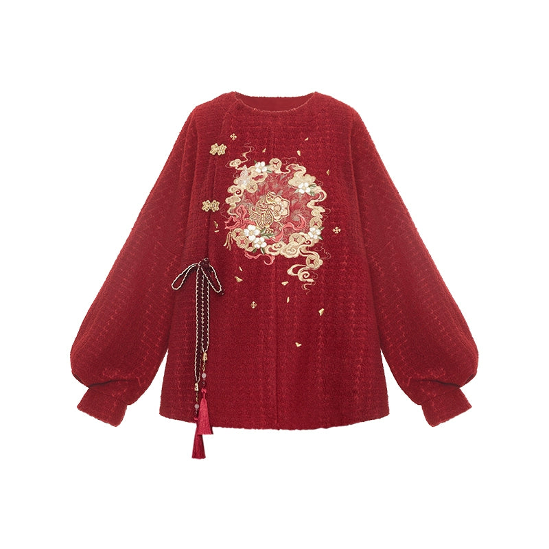 More than thirteen [Ta Meng] red embroidered crew neck top and lower skirt modern HanFuDreams top S