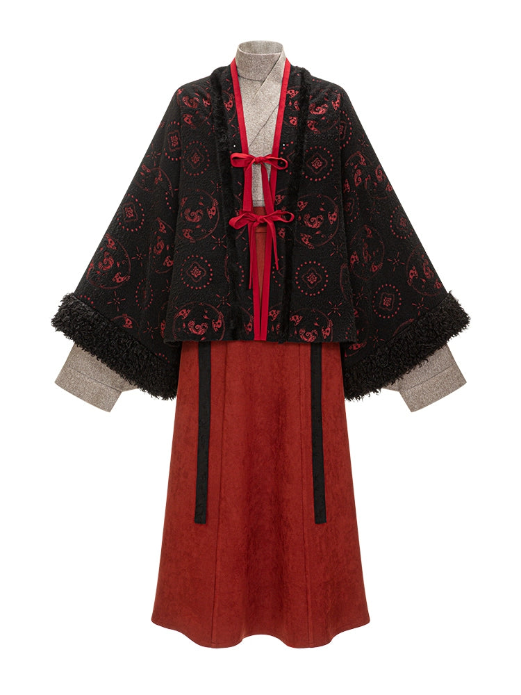 Chi Xia [Red and Ink] pleated collar shirt eight broken skirt Jin