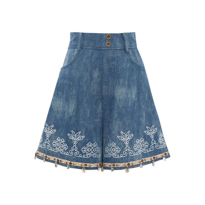 [Tuoyue] knitted top embroidered denim shorts ethnic style set modern HanFuDreams shorts S