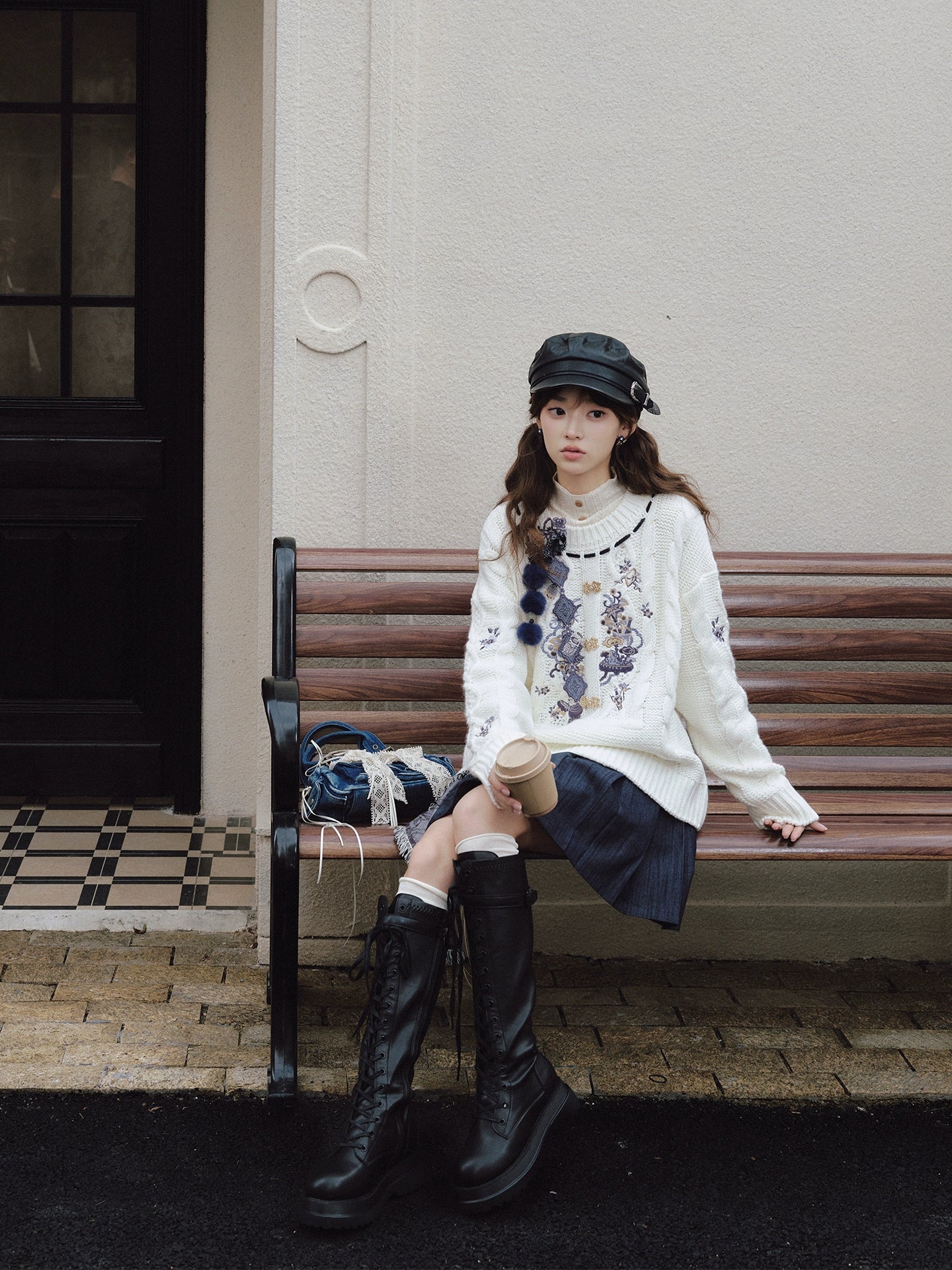 More than thirteen [blue and white] embroidered crew neck sweater spliced denim skirt
