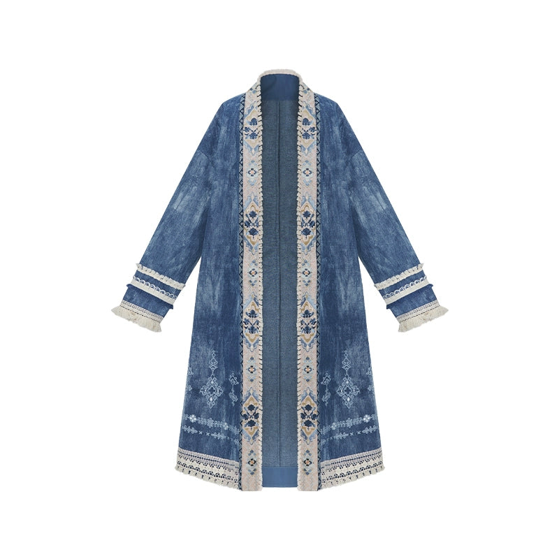 More than thirteen [Cangming Night] denim embroidered jacket curved collar top trousers set modern HanFuDreams jacket S