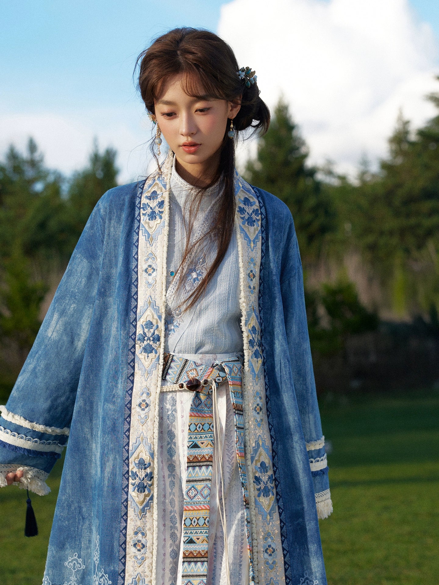 More than thirteen [Cangming Night] denim embroidered jacket curved collar top trousers set modern HanFuDreams