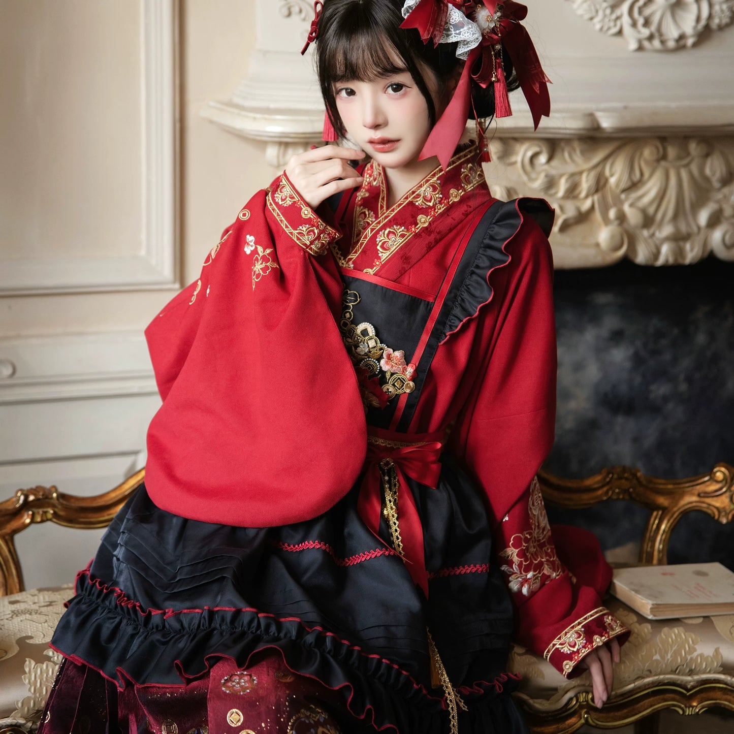 Flower Fairy Story [Gilt Pony] Pipa Sleeve Horse Dress Han-Yang Eclectic Set han HanFuDreams Black skirt S