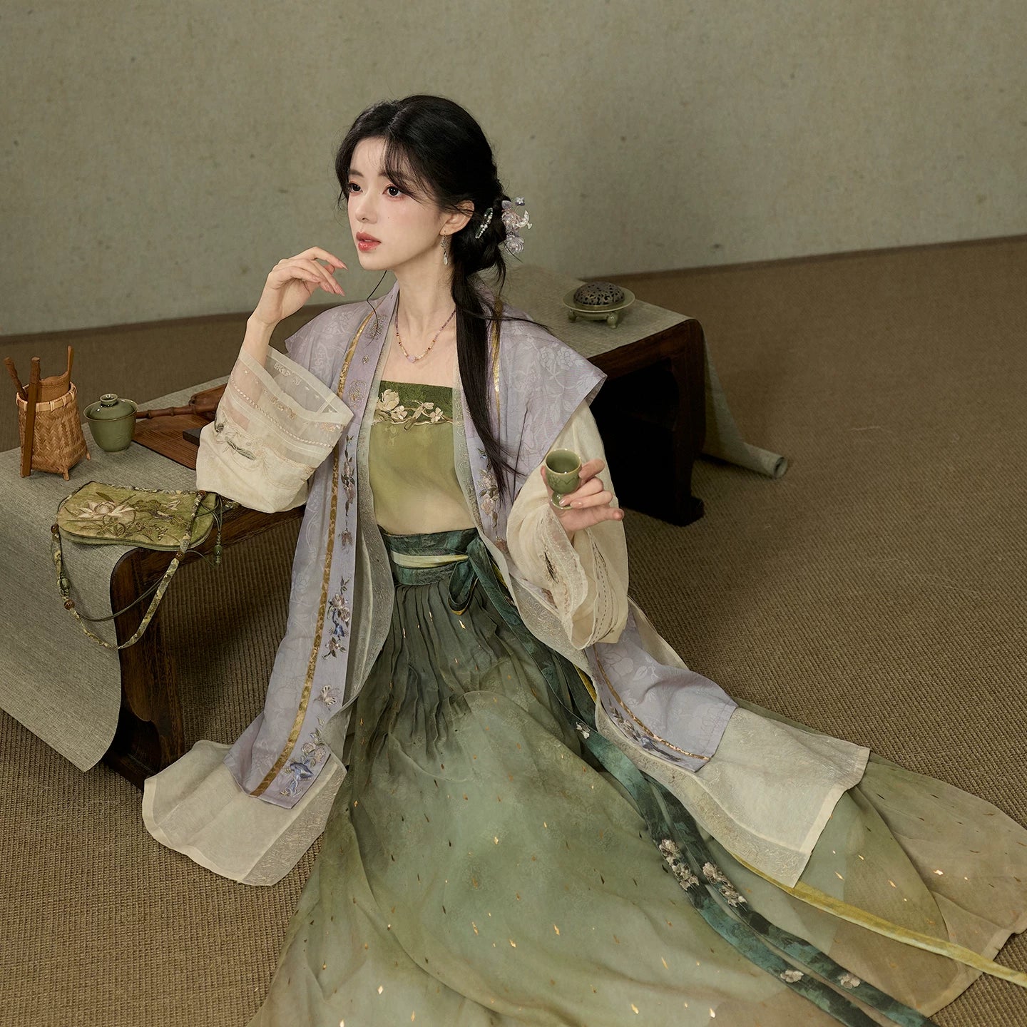 [Lotus Ferry] Song Dynasty Lyocell Green Hanfu Set song Shisanyu 4-Piece Set S