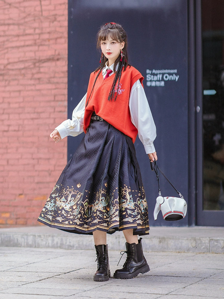 Han element horse dress Hanfu han HanFuDreams Red vest + white long-sleeved set (three-piece set) S
