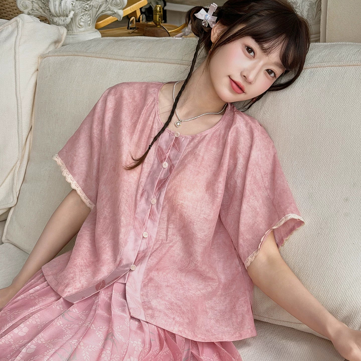 Spring Whisper - Modern Pink Hanfu 3-Piece Set modern Shisanyu 2-Piece Set S