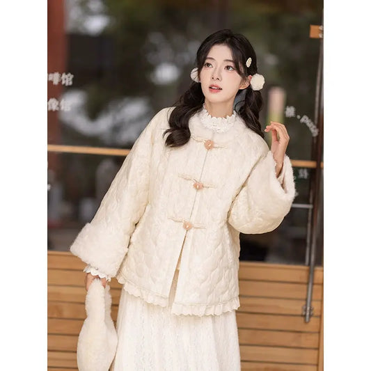 Ming Style Quilted Round Collar Short Jacket – Modernized Hanfu for Winter More than thirteen Ming round neck quilting cotton jacket S