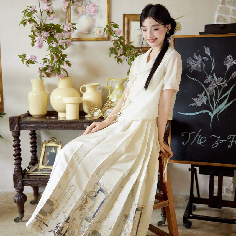 More than Thirteen [Painted Evening] New Chinese Horse Skirt Suit Women modern HanFuDreams Two-piece set (white) XS