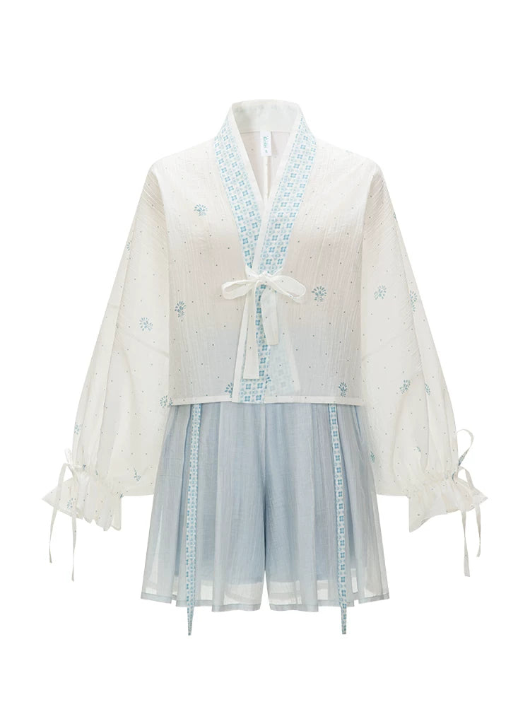 Tang Tiansi Silk Hanfu Summer Set — Top, Six-Panel Skirt & Shorts han Chixia
