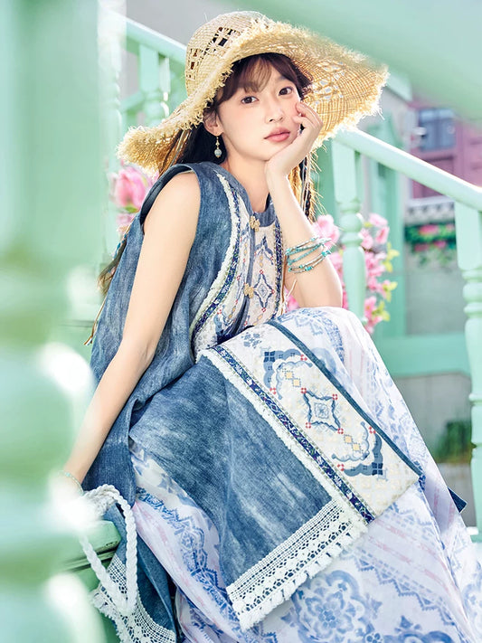 Bishanghua Denim Hanfu Set—Long Bijia Vest & Printed Chiffon Skirt Shisanyu