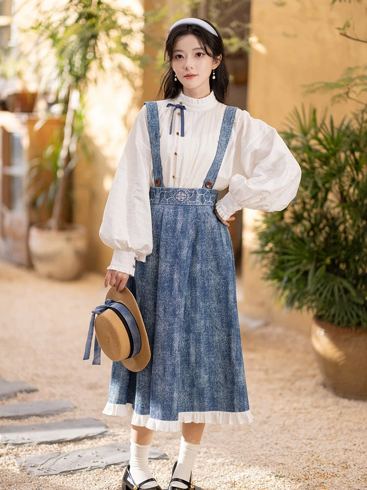 Chi Xia [Forest Blue Language] Han Element Stand-up Neck Short Shirt Strap Skirt han HanFuDreams