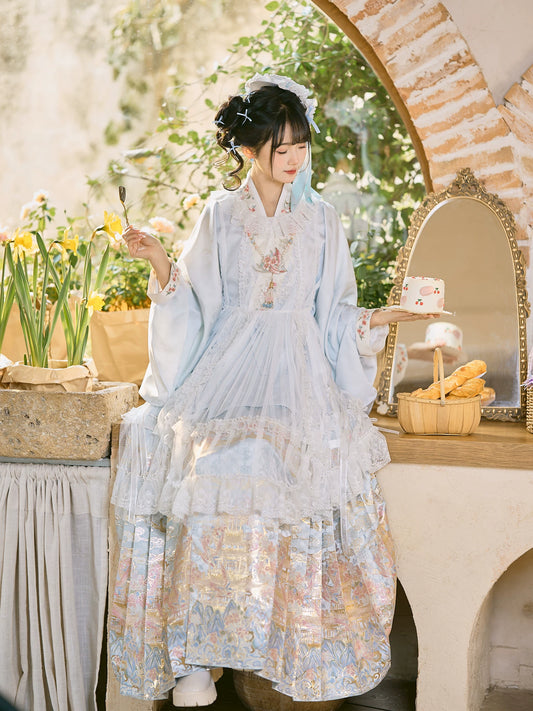 Flower Fairy Story [Yan Yunting] Pipa Sleeve Crossneck Shirt Blue Horse Skirt Set Ming ming HanFuDreams